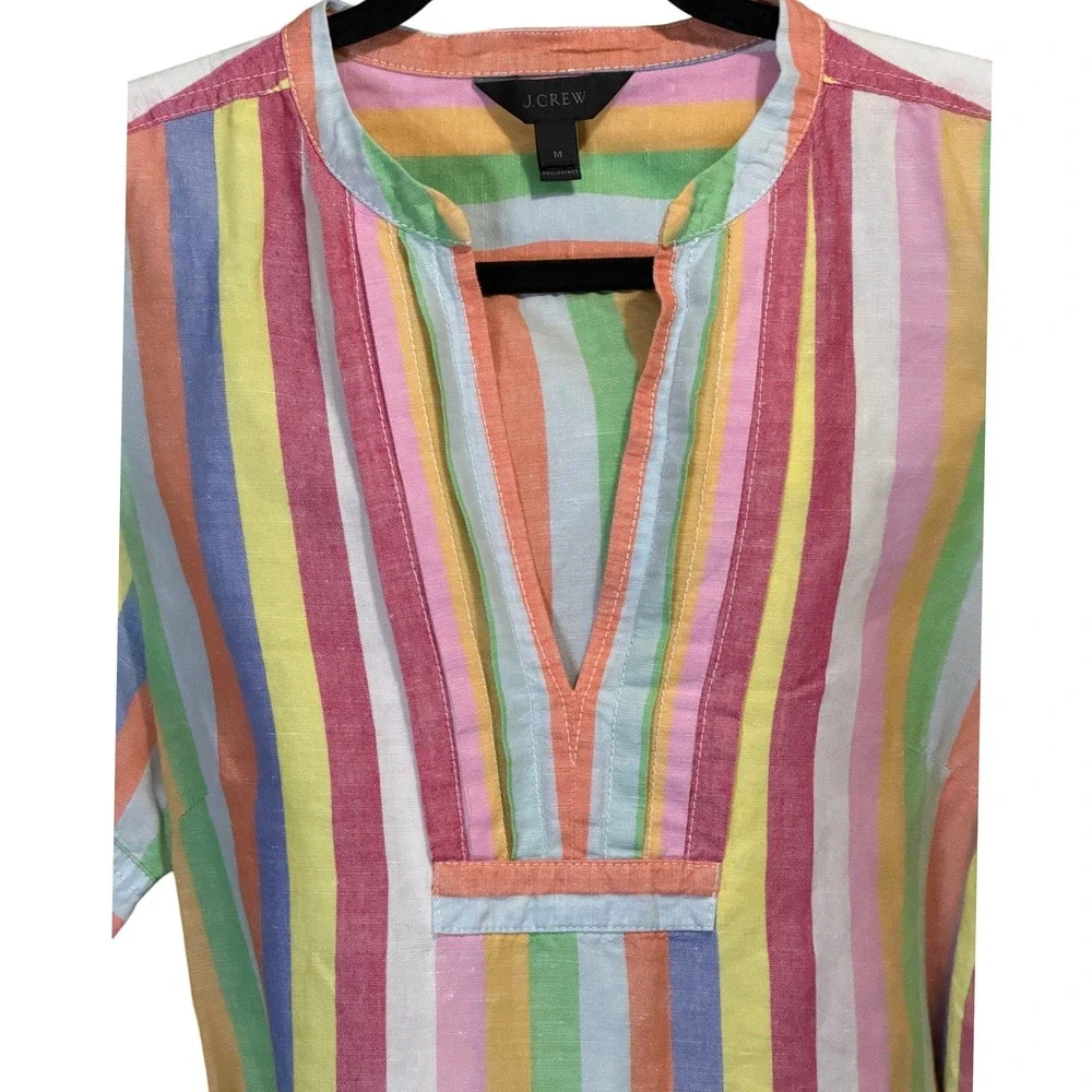 J Crew Womens Multicolor Cotton Linen Striped Rainbow Shirt Dress Medium Coastal